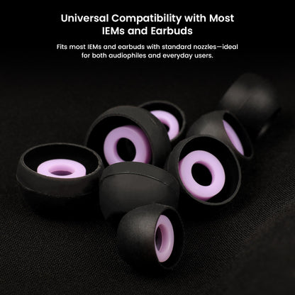 Roseselsa Superbowl silicone eartips in black and purple, compatible with most IEMs and earbuds with standard nozzles for universal use.