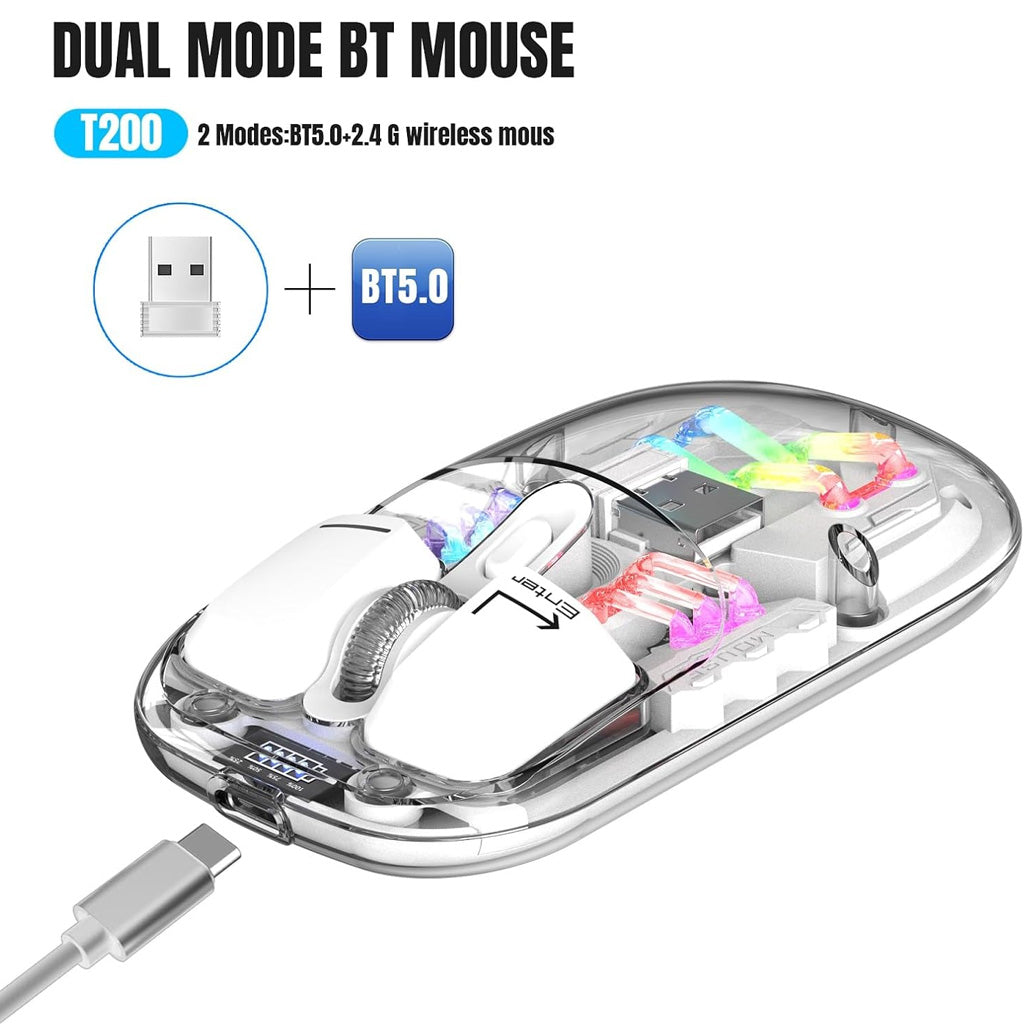 dual mode wireless bluetooth mouse transparent white rgb light