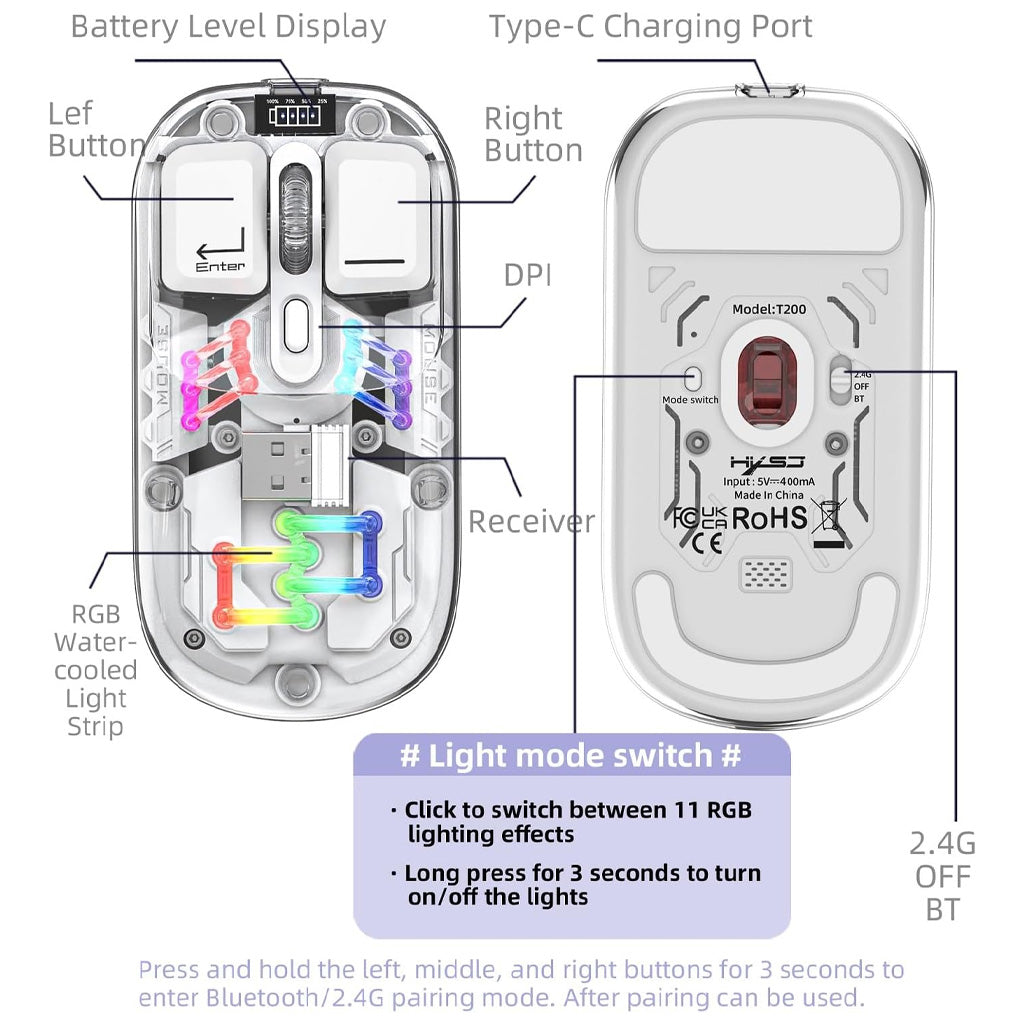 dual mode wireless bluetooth mouse transparent white with  rgb light dimension