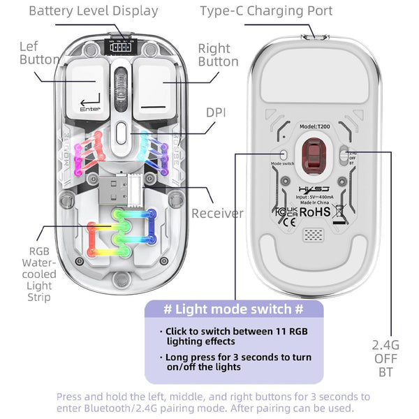 TECPHILE - M111 Transparent Dual Mode Wireless Bluetooth Mouse - 30