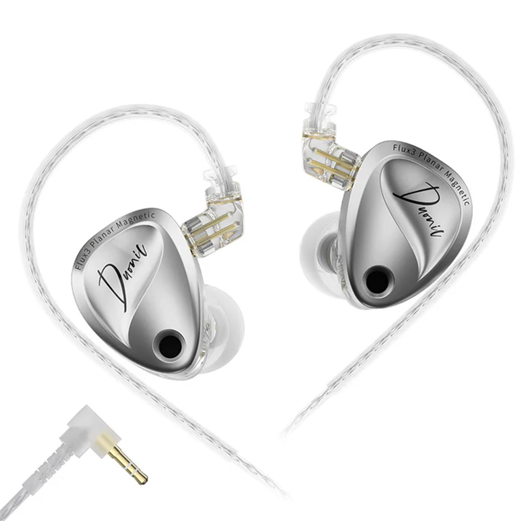 Silver KZ Duonic IEM with 3.5mm jack and clear cable, combining stylish design with hybrid driver technology.