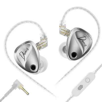 Silver KZ Duonic IEM with 3.5mm angled jack and inline microphone, designed for high-resolution portable audio.