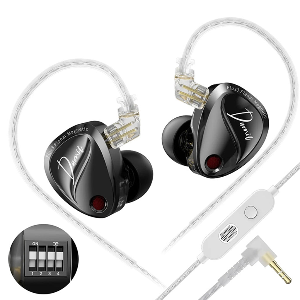 Black KZ Duonic IEM with tuning switch and inline mic, featuring hybrid driver setup for audiophile-grade sound.