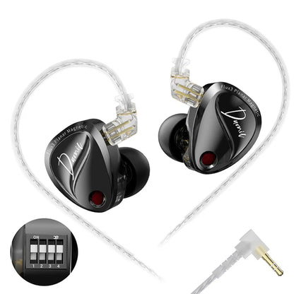 Black KZ Duonic IEM with tuning switch and 3.5mm jack, engineered for immersive audio with planar and dynamic drivers.