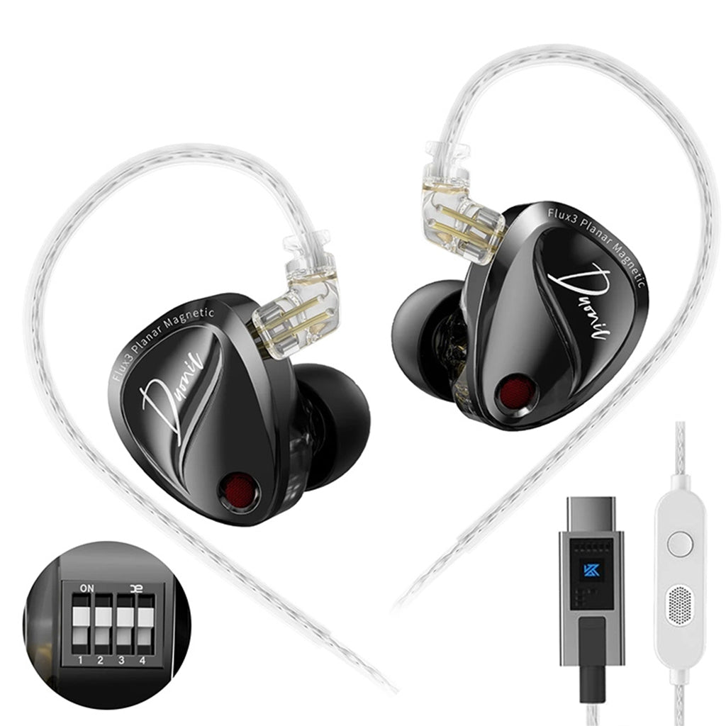 Black KZ Duonic IEM with tuning switch and USB Type-C cable, offering customizable sound and hybrid driver performance.