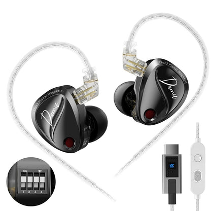 Black KZ Duonic IEM with tuning switch and USB Type-C cable, offering customizable sound and hybrid driver performance.