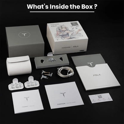 Complete TANCHJIM FOLA IEM package contents including IEMs, cables, eartips, tuning nozzles, manuals, and premium packaging.