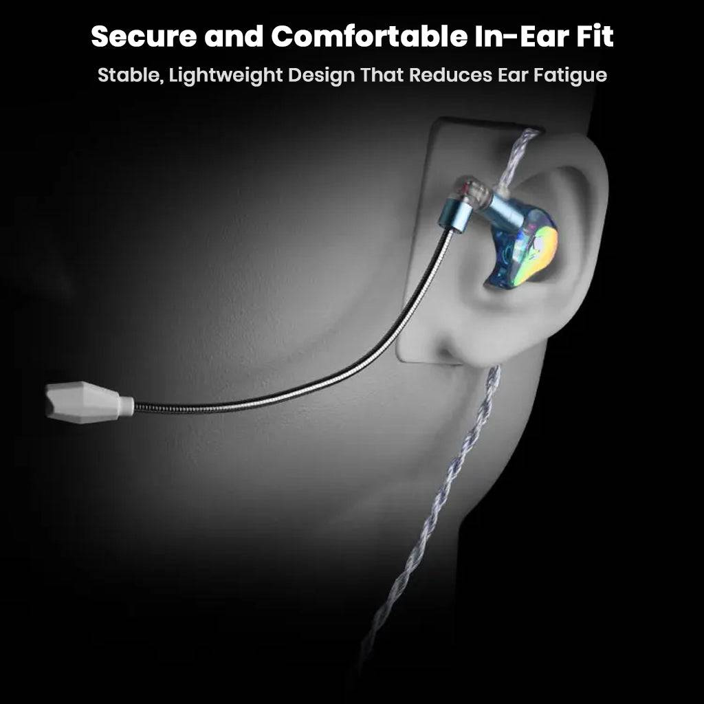 EPZ – G30 1DD + 1BA Gaming IEM with ENC Boom Mic offers a secure, ergonomic in-ear fit for long gaming sessions without ear fatigue.