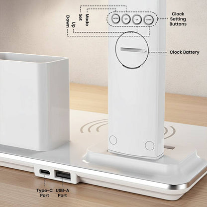 Back view of TECPHILE Desk Lamp showing clock setting buttons, battery compartment, USB-A and Type-C ports for added convenience.