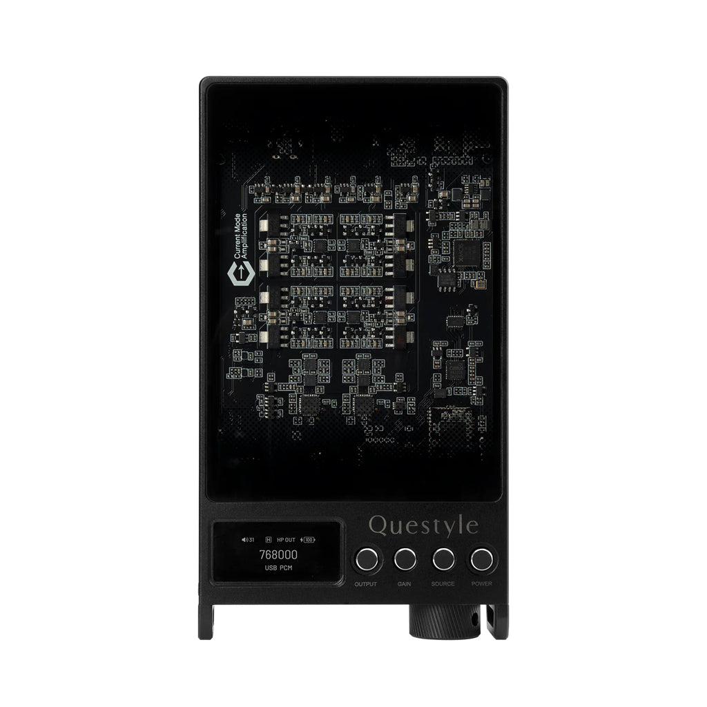 Questyle SIGMA Pro Flagship Portable DAC/Amp with transparent top showing internal circuitry and OLED display for audio status.