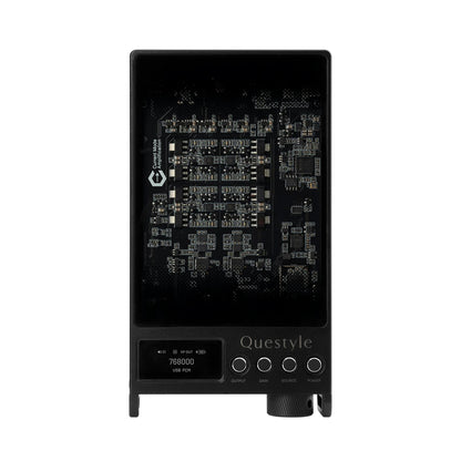 Questyle SIGMA Pro Flagship Portable DAC/Amp with transparent top showing internal circuitry and OLED display for audio status.