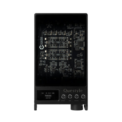Questyle SIGMA Pro Flagship Portable DAC/Amp with transparent top showing internal circuitry and OLED display for audio status.