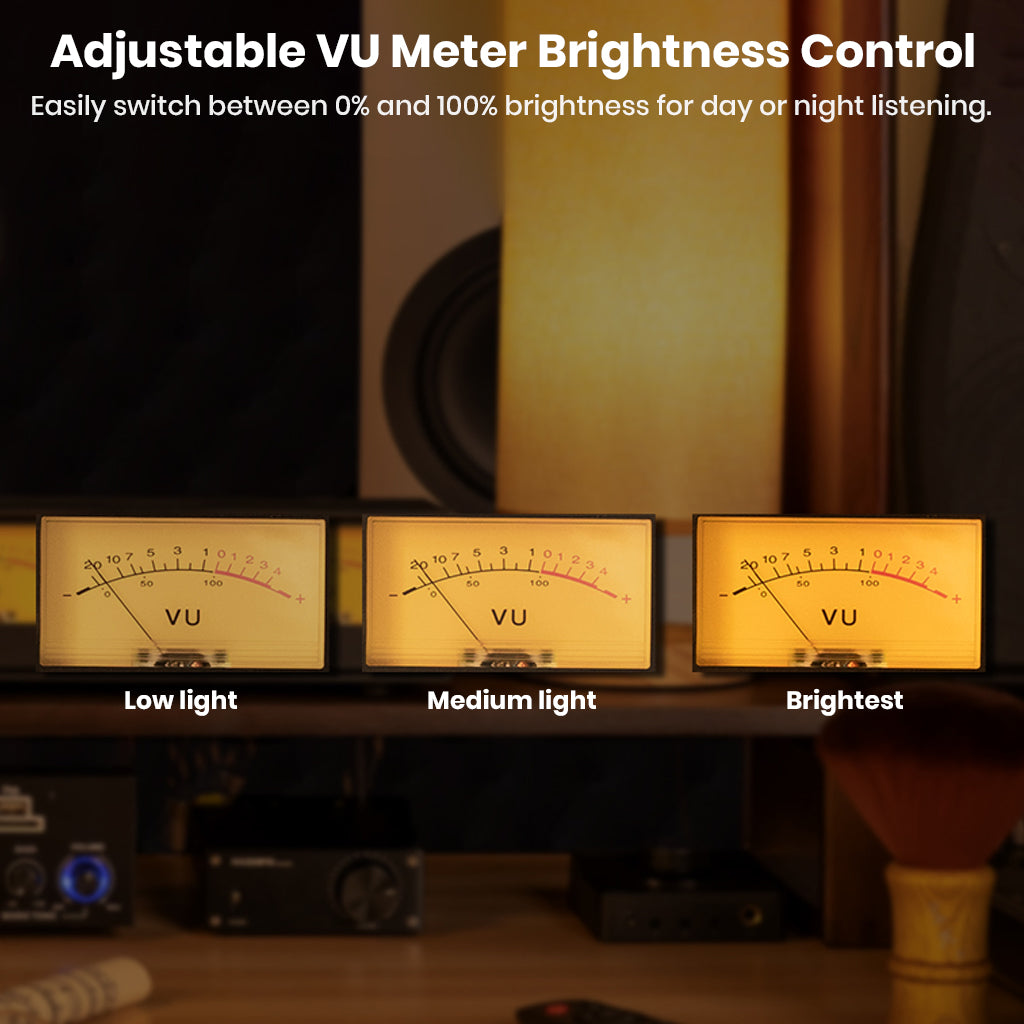 NEOHIPO ET30 VU Meter Switch Box with adjustable brightness control from 0% to 100% for optimal day or night listening.