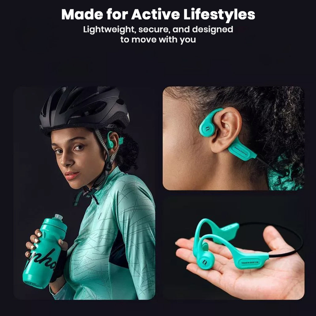 SHEYIN X5 Bone Conduction IPX8 Bluetooth Headphones worn by athletes, highlighting lightweight, secure fit for active lifestyles and sports use.