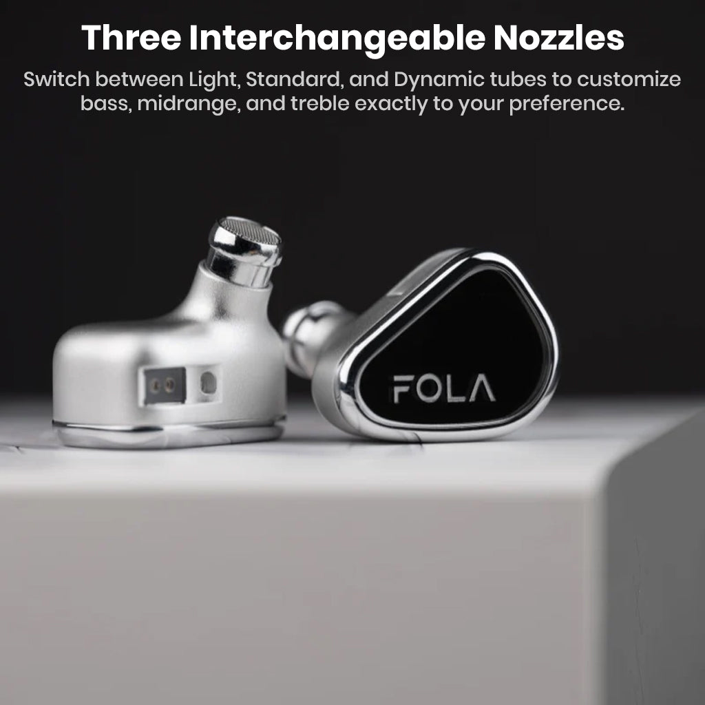TANCHJIM FOLA IEMs with three interchangeable nozzles for customizable bass, midrange, and treble sound tuning.