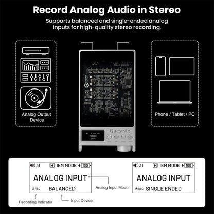 Questyle SIGMA Pro supports stereo analog recording with balanced and single-ended inputs for high-quality audio capture from various devices.
