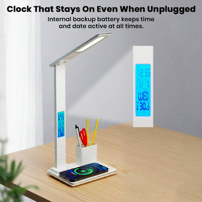 TECPHILE Desk Lamp with digital clock display that stays active even when unplugged, shown on a wooden desk setup.