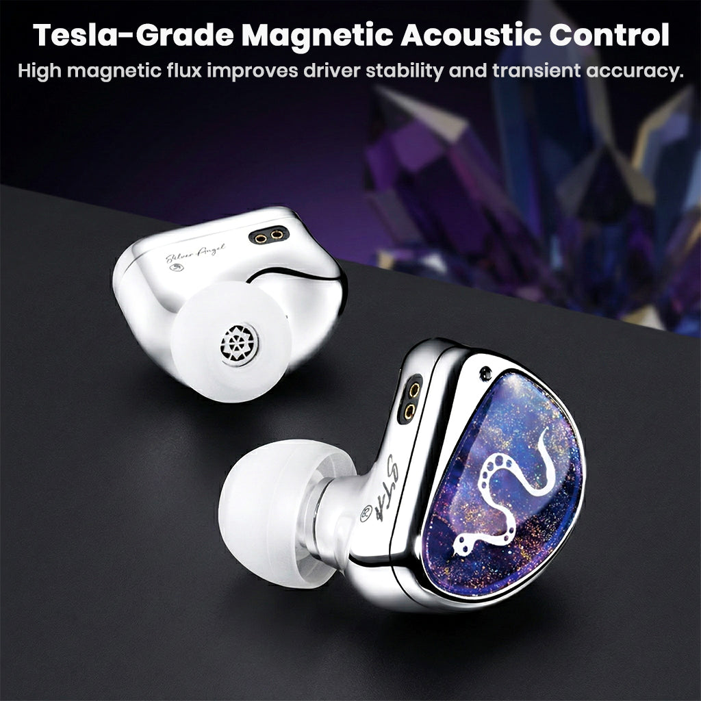 Rear and side view of STA Pro IEMs with Tesla-grade magnetic acoustic control for improved driver stability.