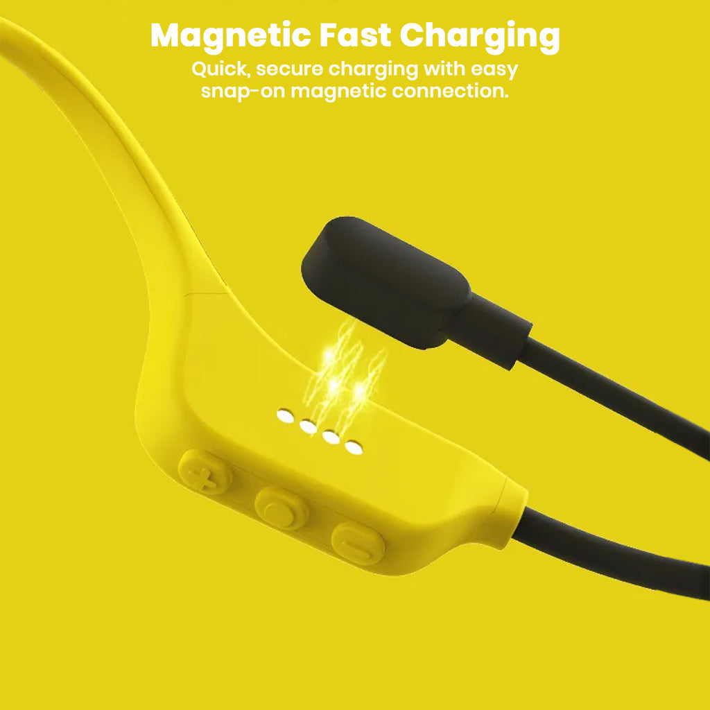 SHEYIN X5 Bone Conduction Headphones with magnetic fast charging feature, showing snap-on connector for quick and secure power-up.
