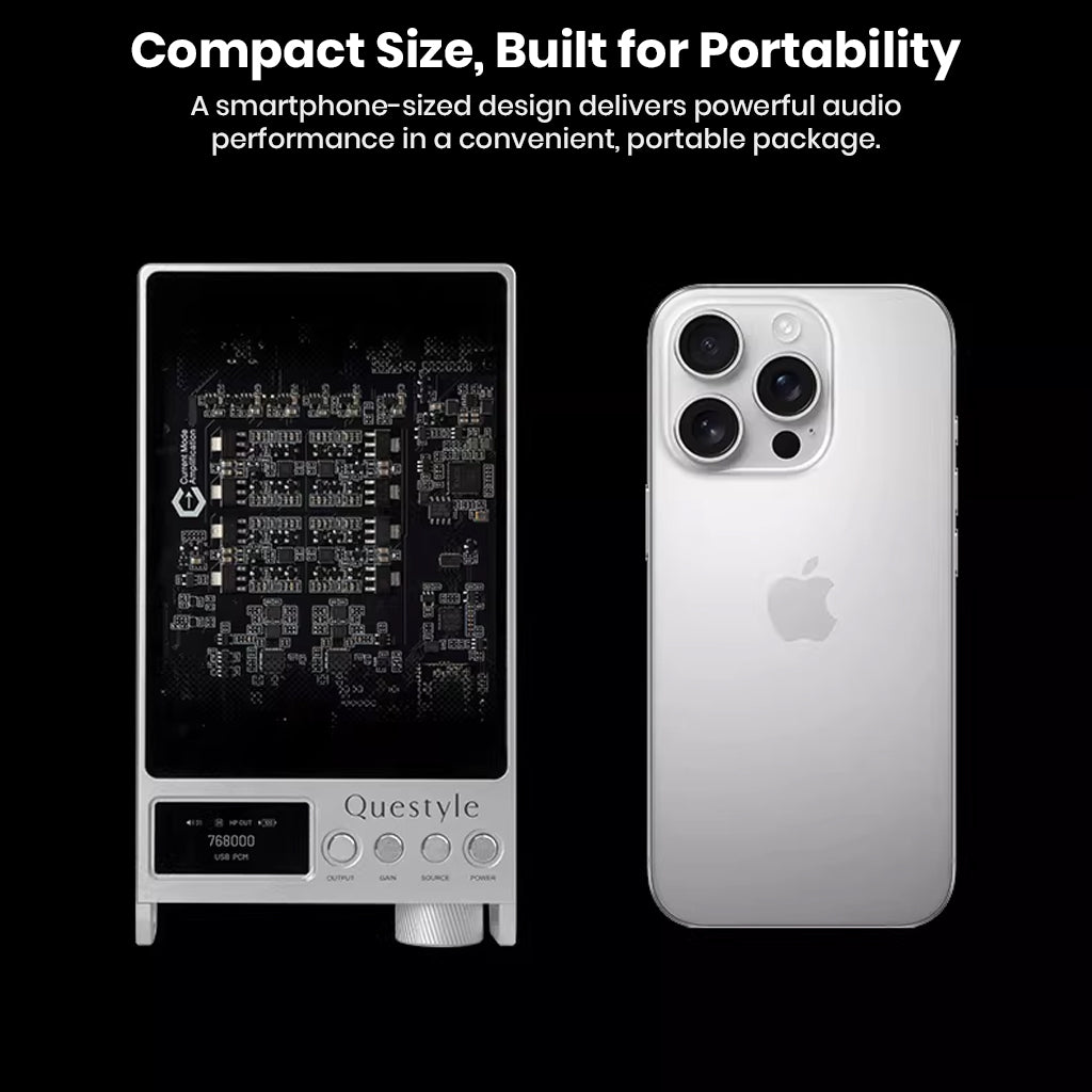 Questyle SIGMA Pro shown next to iPhone, highlighting its compact, smartphone-sized design for portable high-performance audio.