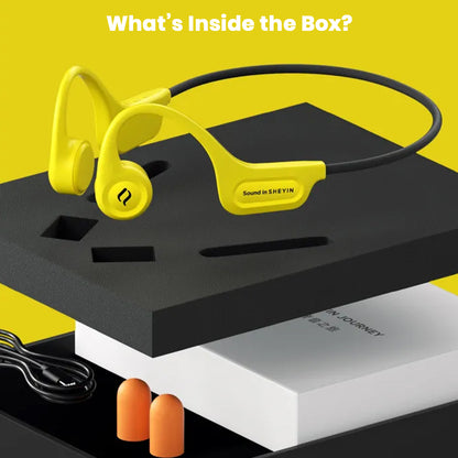 Unboxing SHEYIN X5 Bone Conduction Bluetooth Headphones with accessories including earplugs, charging cable, and user manual in premium packaging.
