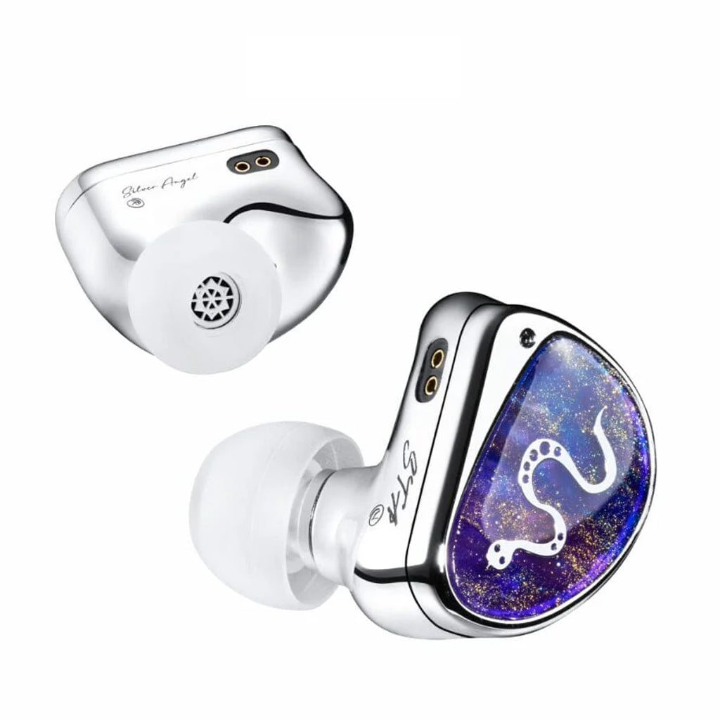 Detailed view of STA Pro IEM with snake design faceplate and ergonomic white ear tip for secure in-ear fit.