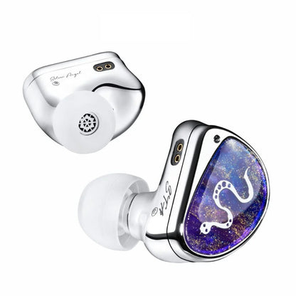 Detailed view of STA Pro IEM with snake design faceplate and ergonomic white ear tip for secure in-ear fit.