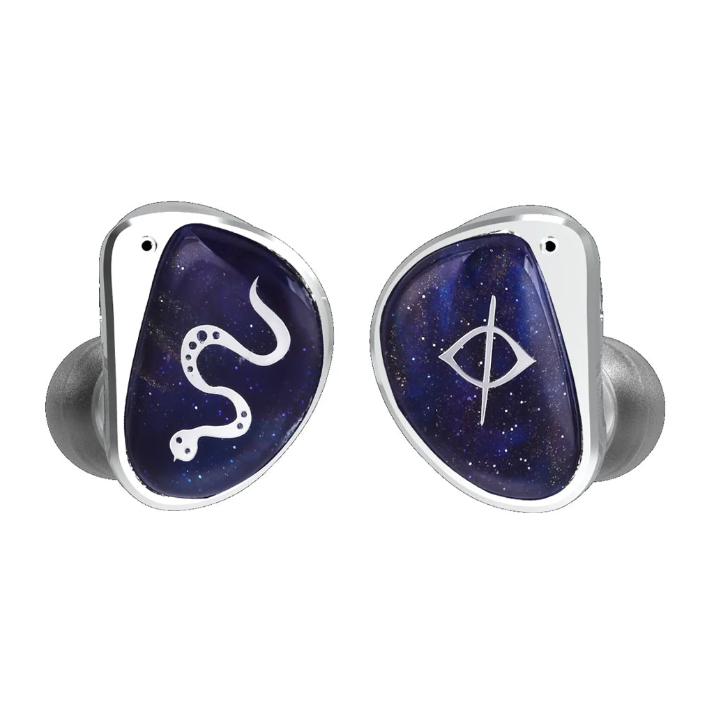 EarAcoustic Audio – STA Pro Dual DD IEM with galaxy-themed resin faceplates featuring zodiac-inspired snake and eye symbols.