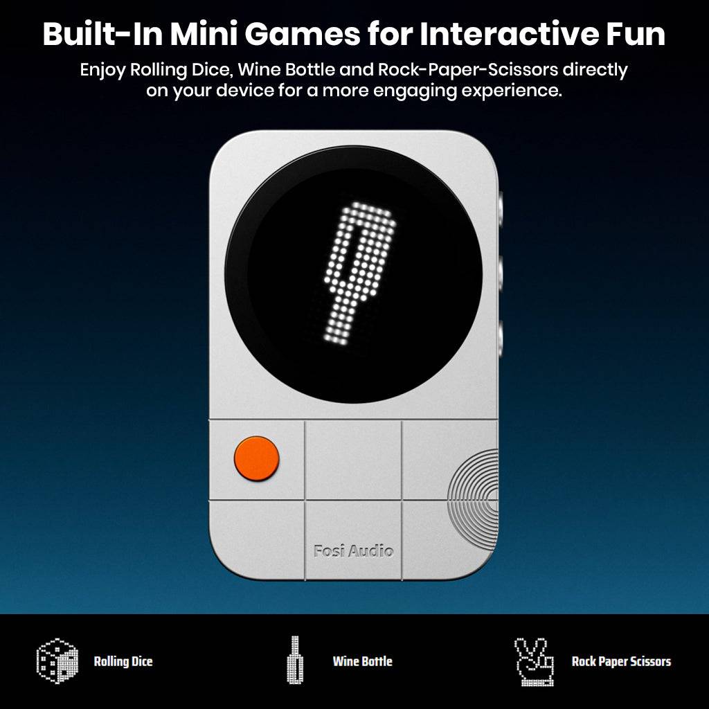 Mini game device with pixel art display and orange button