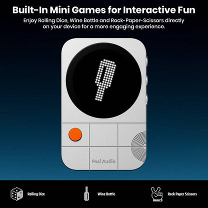 Mini game device with pixel art display and orange button