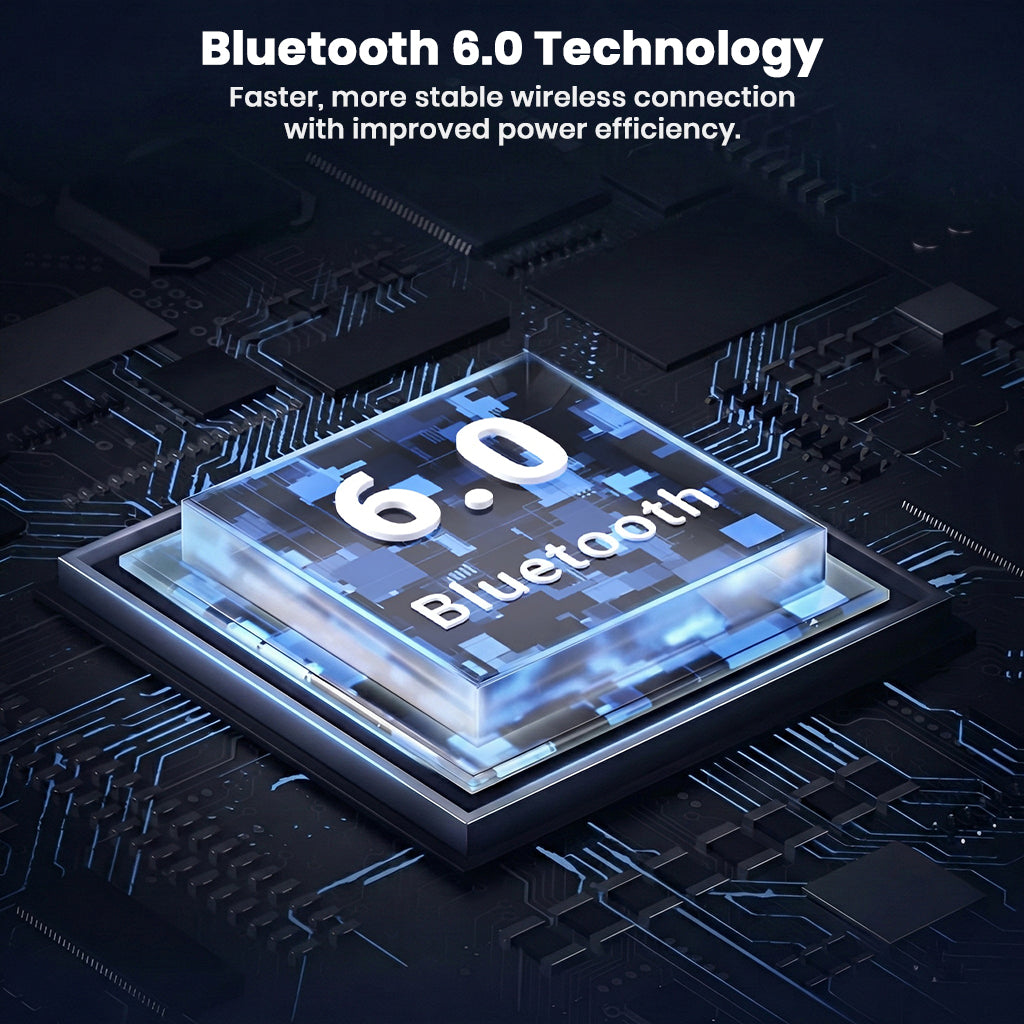 Bluetooth 6.0 chip graphic representing SHEYIN X5 headphones' fast, stable wireless connection and power efficiency.