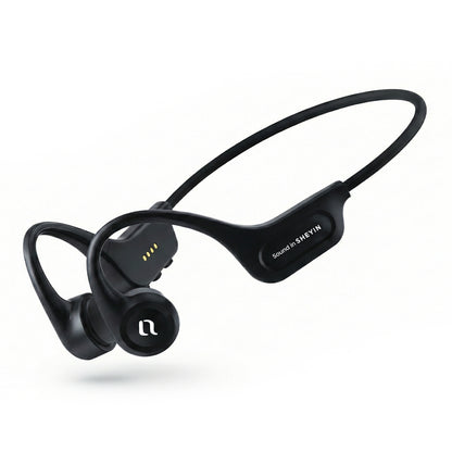 SHEYIN X5 black bone conduction Bluetooth headphones with ergonomic open-ear design and 32GB memory for workouts.