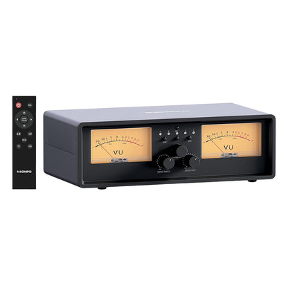 NEOHIPO ET30 VU Meter Amplifier/Speaker Selector Switch Box with dual analog VU meters and remote control for Hi-Fi audio systems.
