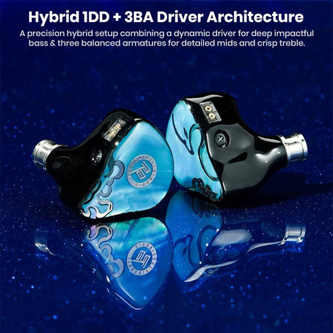 Close-up of hybrid 1DD+3BA driver in-ear monitors on blue background