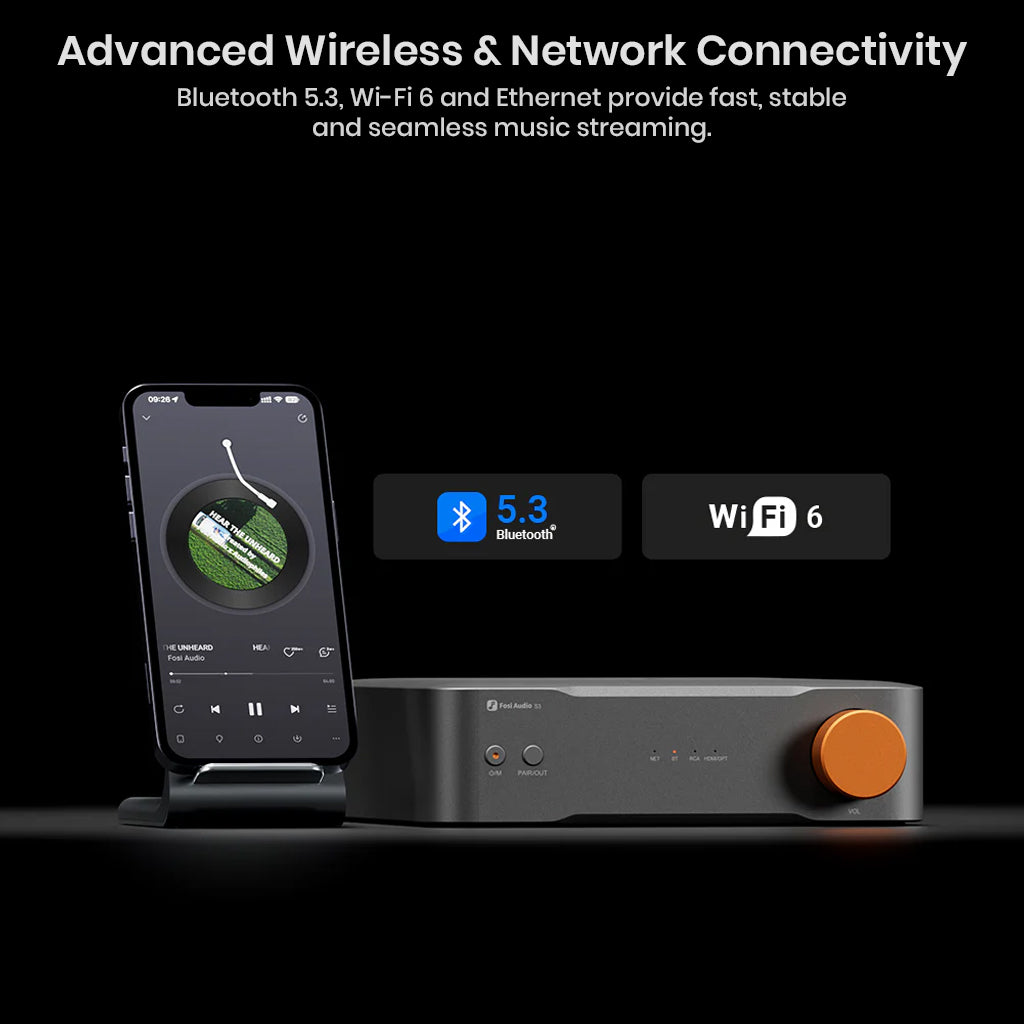 Wireless music streamer with Bluetooth and Wi-Fi connectivity