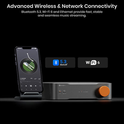 Wireless music streamer with Bluetooth and Wi-Fi connectivity