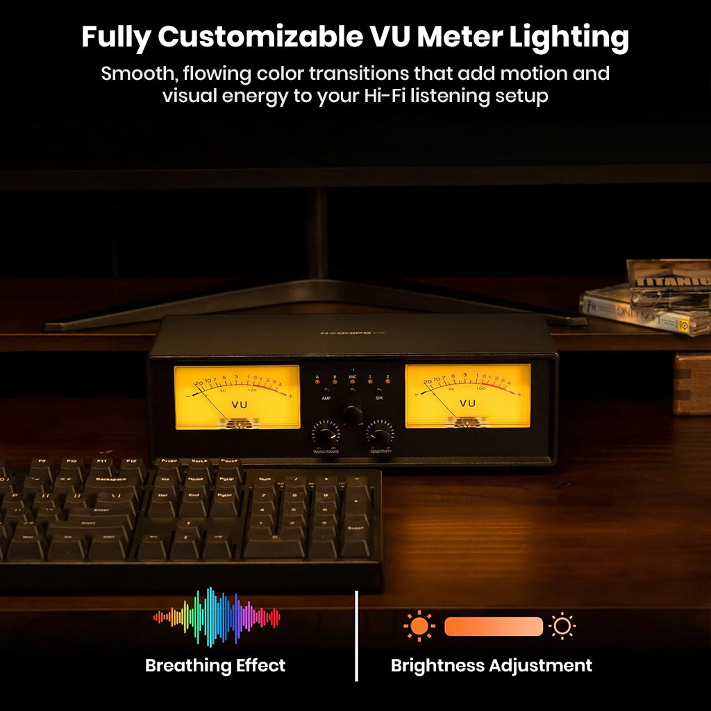NEOHIPO ET30 VU Meter Switch Box with customizable lighting, breathing effect, and brightness control for immersive Hi-Fi setups.