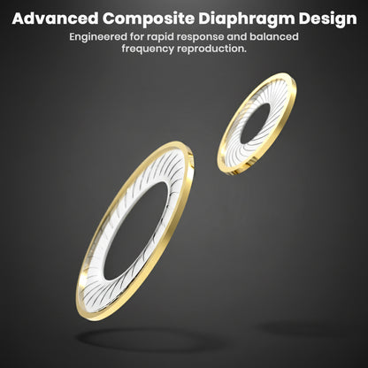 Close-up of STA Pro IEM's advanced composite diaphragm design for rapid response and balanced frequency reproduction.