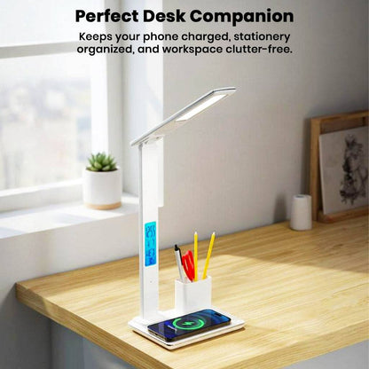 TECPHILE 4-in-1 Desk Lamp on a desk with phone charging, stationery in holder, and LED light on, perfect for organized study or work.