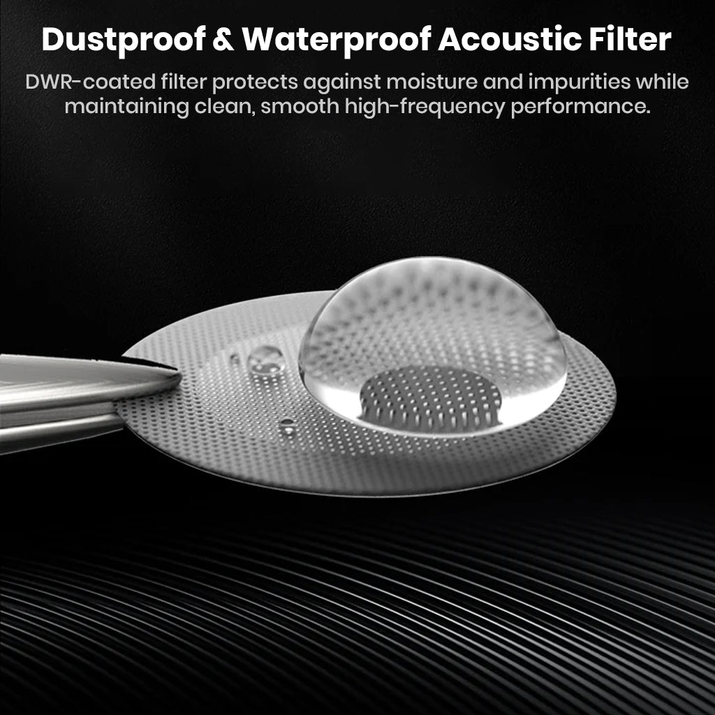 Close-up of TANCHJIM FOLA's waterproof acoustic filter with DWR coating for moisture protection and high-frequency sound clarity.