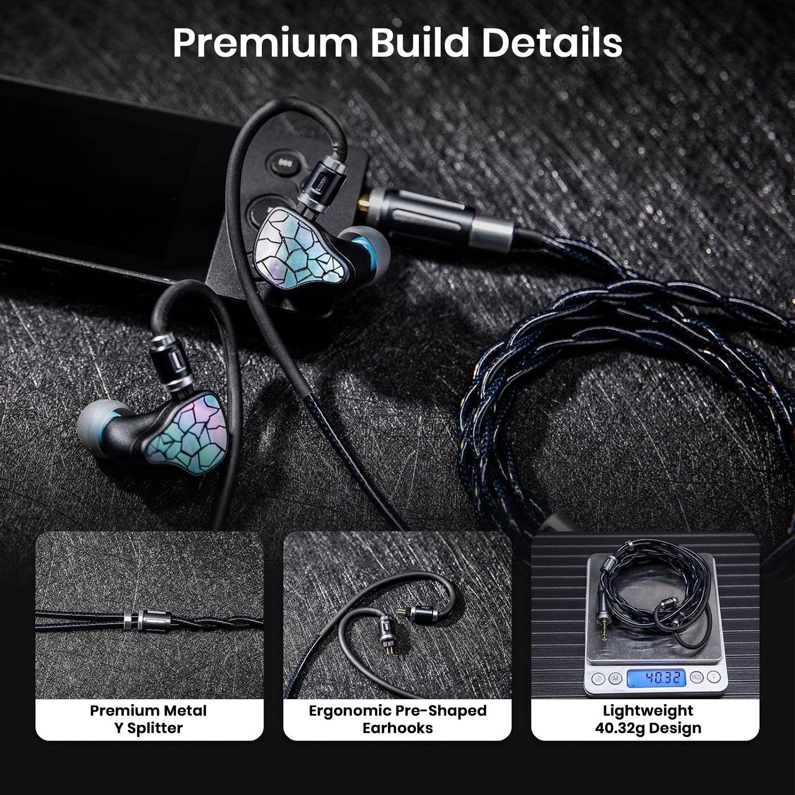 THIEAUDIO Midnix premium 4-core copper cable with in-ear monitors on textured black surface