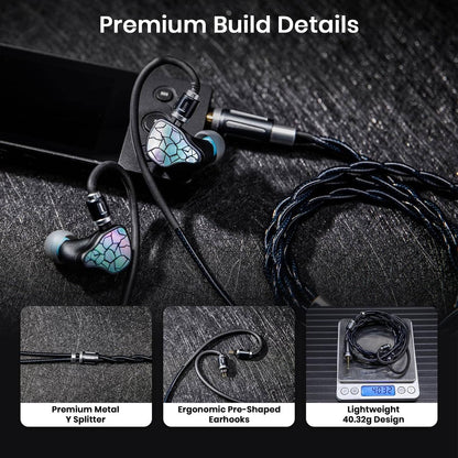 THIEAUDIO Midnix premium 4-core copper cable with in-ear monitors on textured black surface