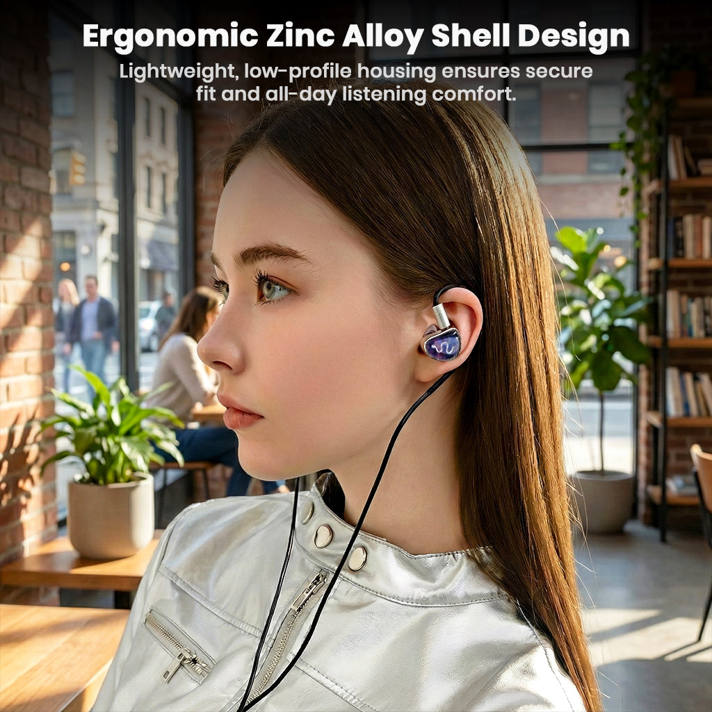 Woman wearing EarAcoustic STA Pro IEMs with ergonomic zinc alloy shell for secure fit and all-day comfort.