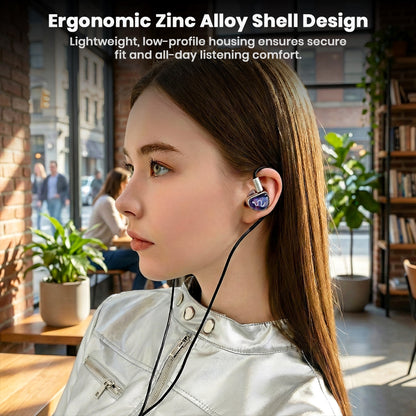 Woman wearing EarAcoustic STA Pro IEMs with ergonomic zinc alloy shell for secure fit and all-day comfort.