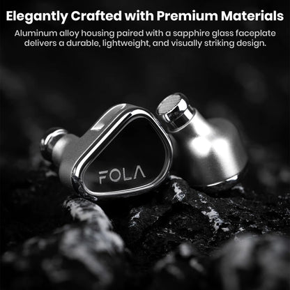 TANCHJIM FOLA IEM crafted with aluminum alloy and sapphire glass for a lightweight, durable, and visually striking headphone design.