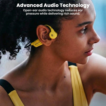 Woman in yellow top wearing yellow SHEYIN X5 headphones, showcasing advanced open-ear audio technology for rich sound.