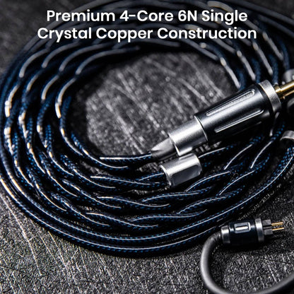 Close-up of THIEAUDIO Midnix 4-core copper cable with in-ear monitors on textured black surface