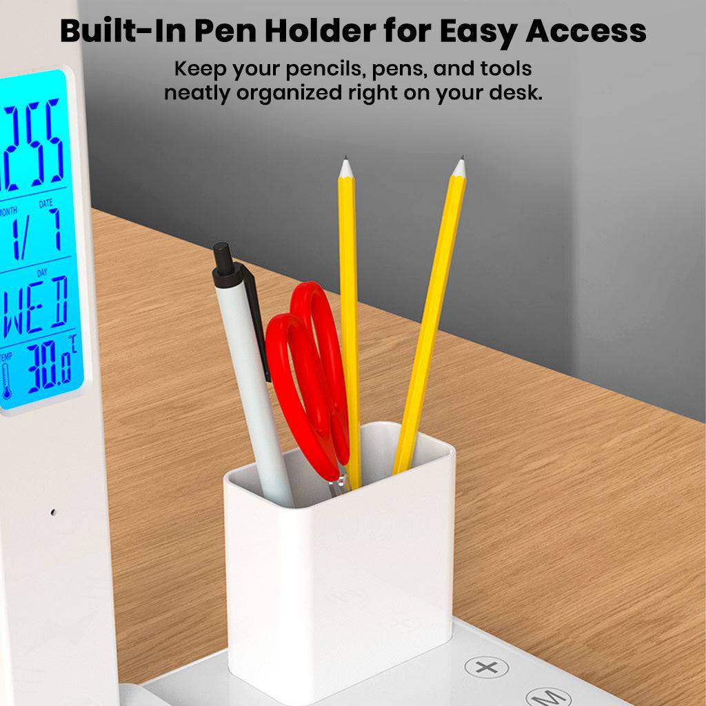 Built-in pen holder of TECPHILE Desk Lamp holding pencils and scissors, keeping tools organized and easily accessible.