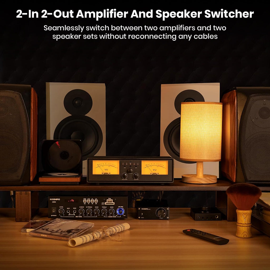 NEOHIPO ET30 2-in 2-out amplifier and speaker switcher enables seamless switching between two amps and two speaker sets without cable changes.