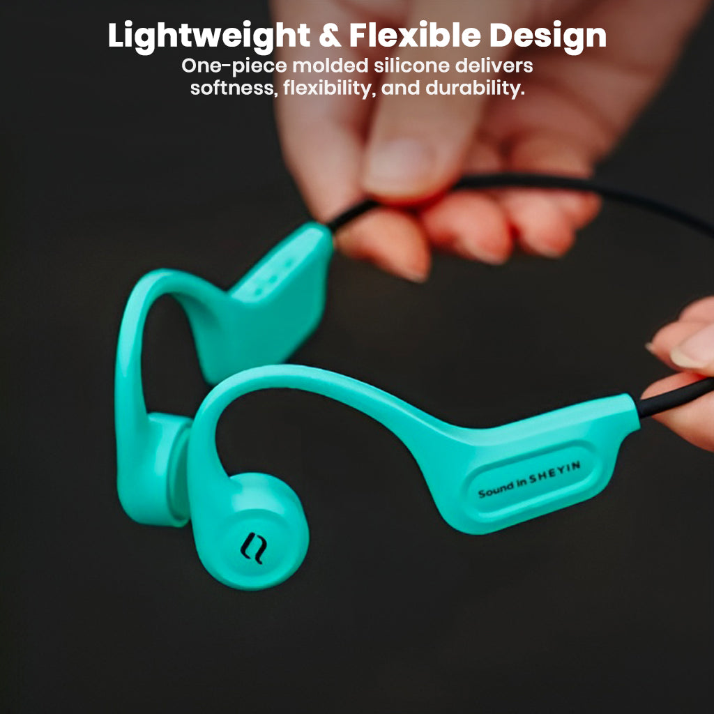 Hands holding teal SHEYIN X5 headphones, emphasizing lightweight, flexible silicone design for durability and comfort.